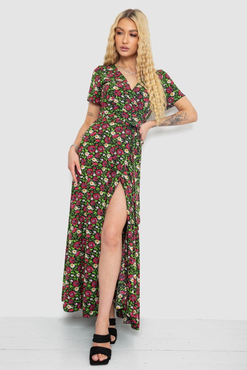 Сарафан із квітковим принтом на запах, колір чорно-червоний, 241R177 - зображення 1