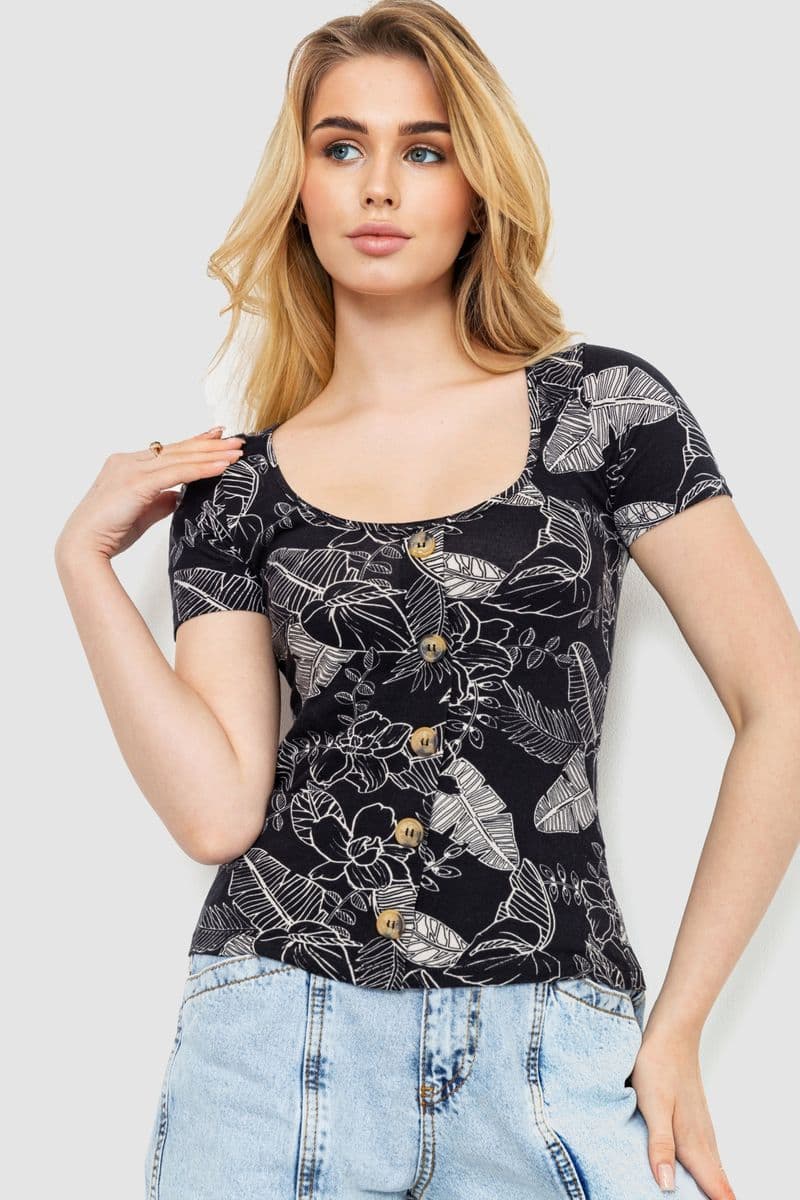 Футболка-топ жіноча з принтом, колір чорний, 244R044 - зображення 1
