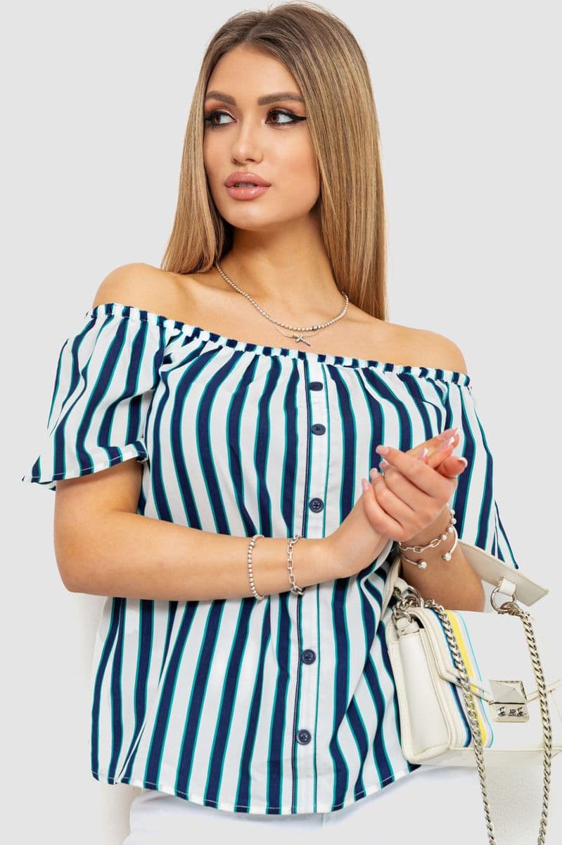 Блуза в смужку, колір сіро-синій, 244R088-1 - зображення 1