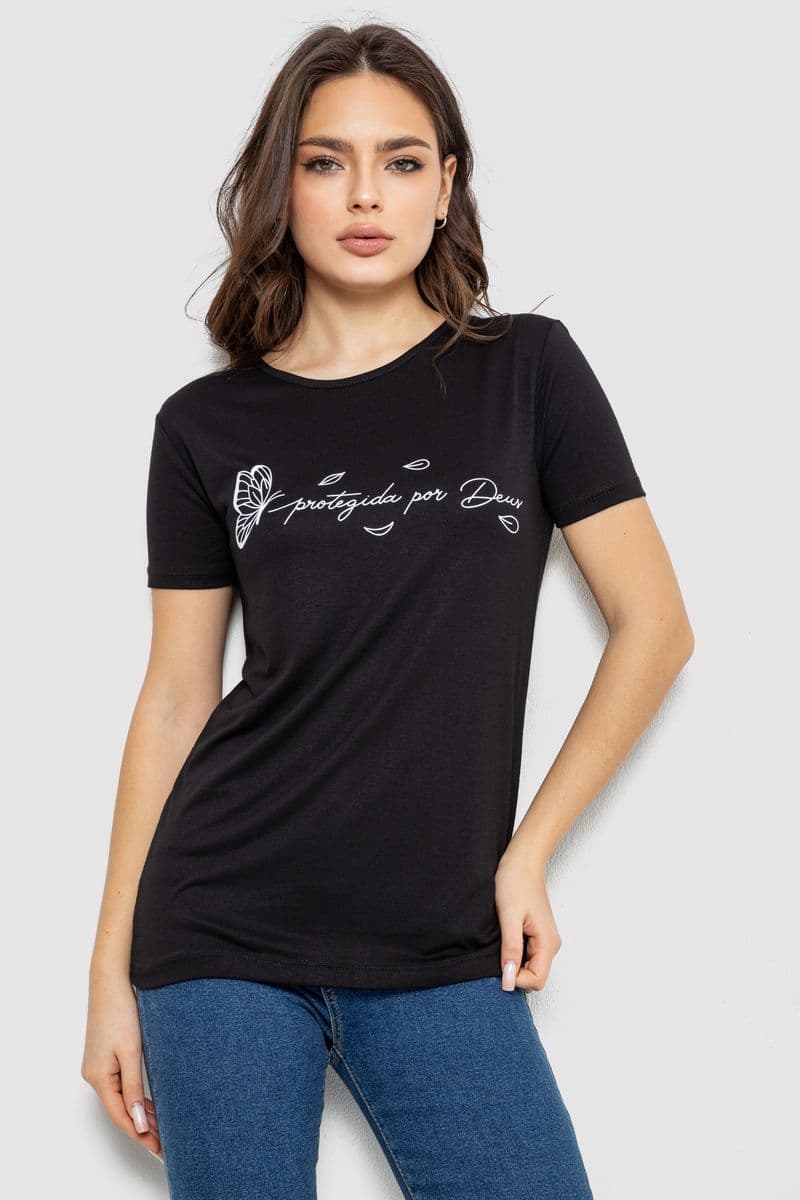 Футболка жіноча з принтом, колір чорний, 244R508 - зображення 1