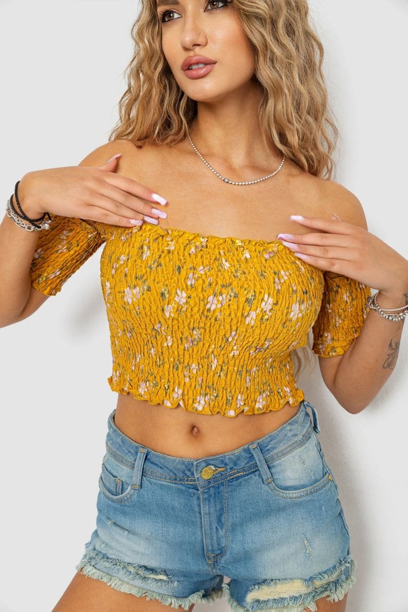 Топ жіночий з квітковим принтом, колір гірчичний, 244R300 - зображення 1