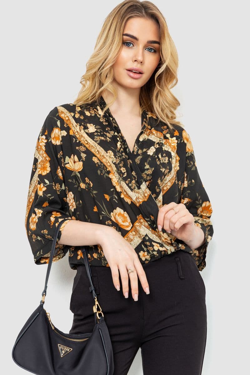 Боді з квітковим принтом, колір чорно-бежевий, 244R049 - зображення 1