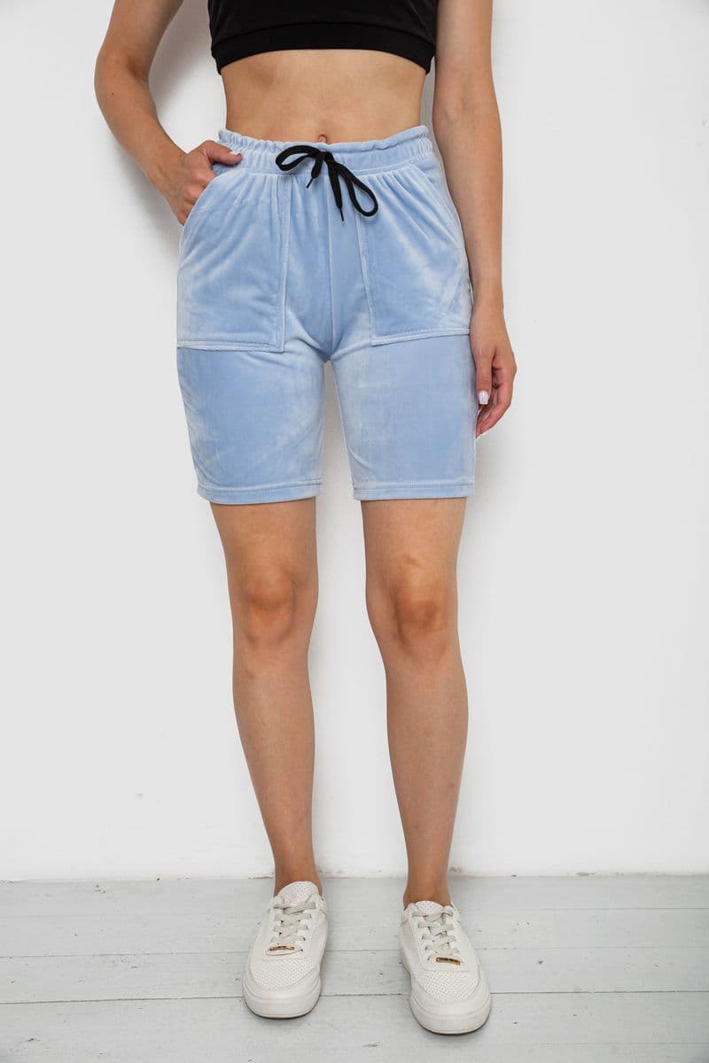 Шорти жіночі однотонні велюрові, колір блакитний, 238R58169 - зображення 1