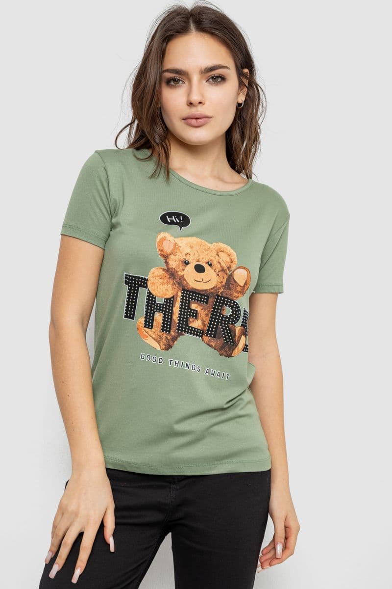 Футболка жіноча з принтом, колір оливковий, 244R509 - зображення 1