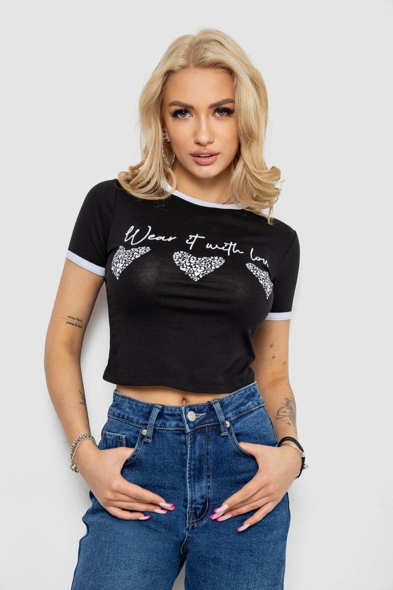 Футболка-топ жіноча з принтом, колір чорний, 244R504 - зображення 1