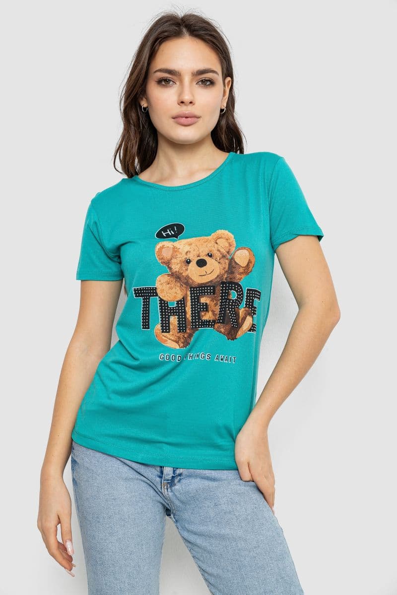 Футболка жіноча з принтом, колір бірюзовий, 244R509 - зображення 1