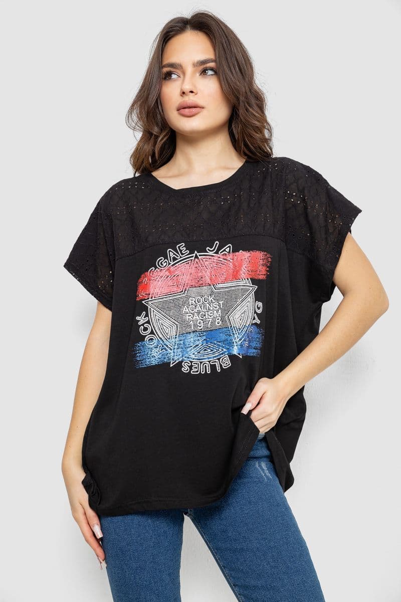 Футболка жіноча з принтом, колір чорний, 244RW532 - зображення 1