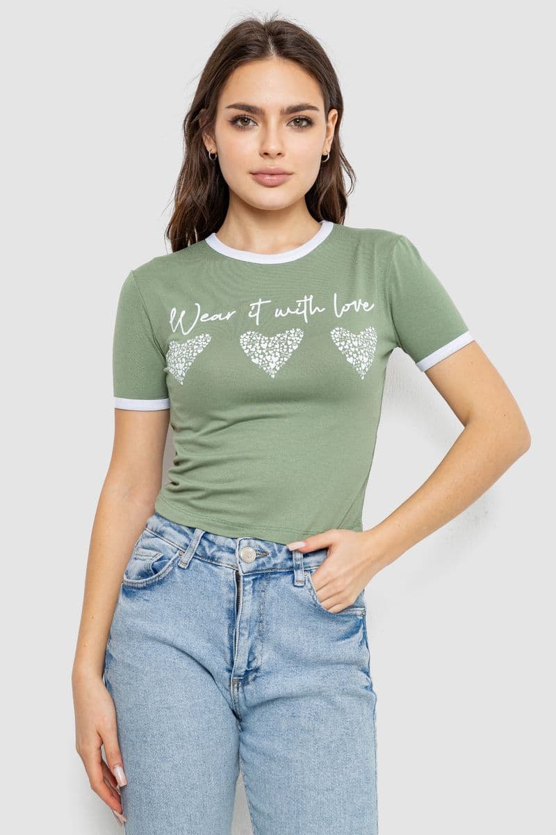 Футболка-топ жіноча з принтом, колір оливковий, 244R504 - зображення 1