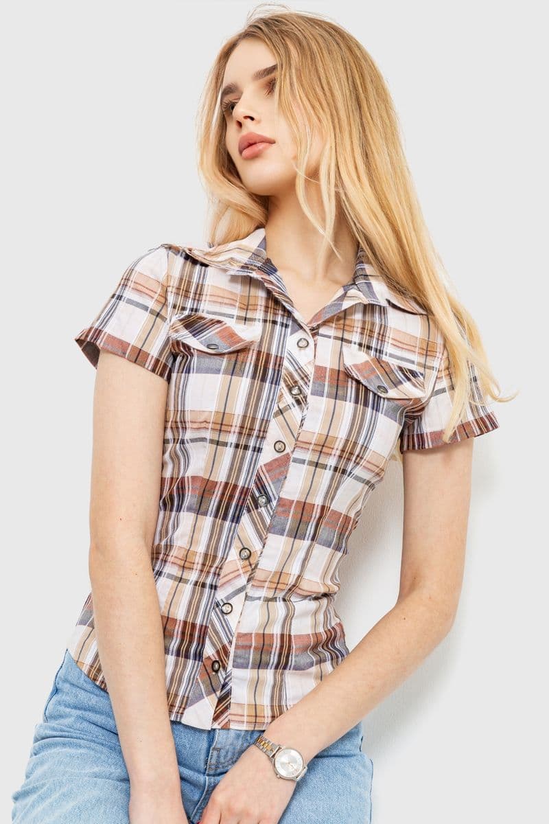 Сорочка жіноча в клітку, колір бежево-сірий, 230R061-11 - зображення 1