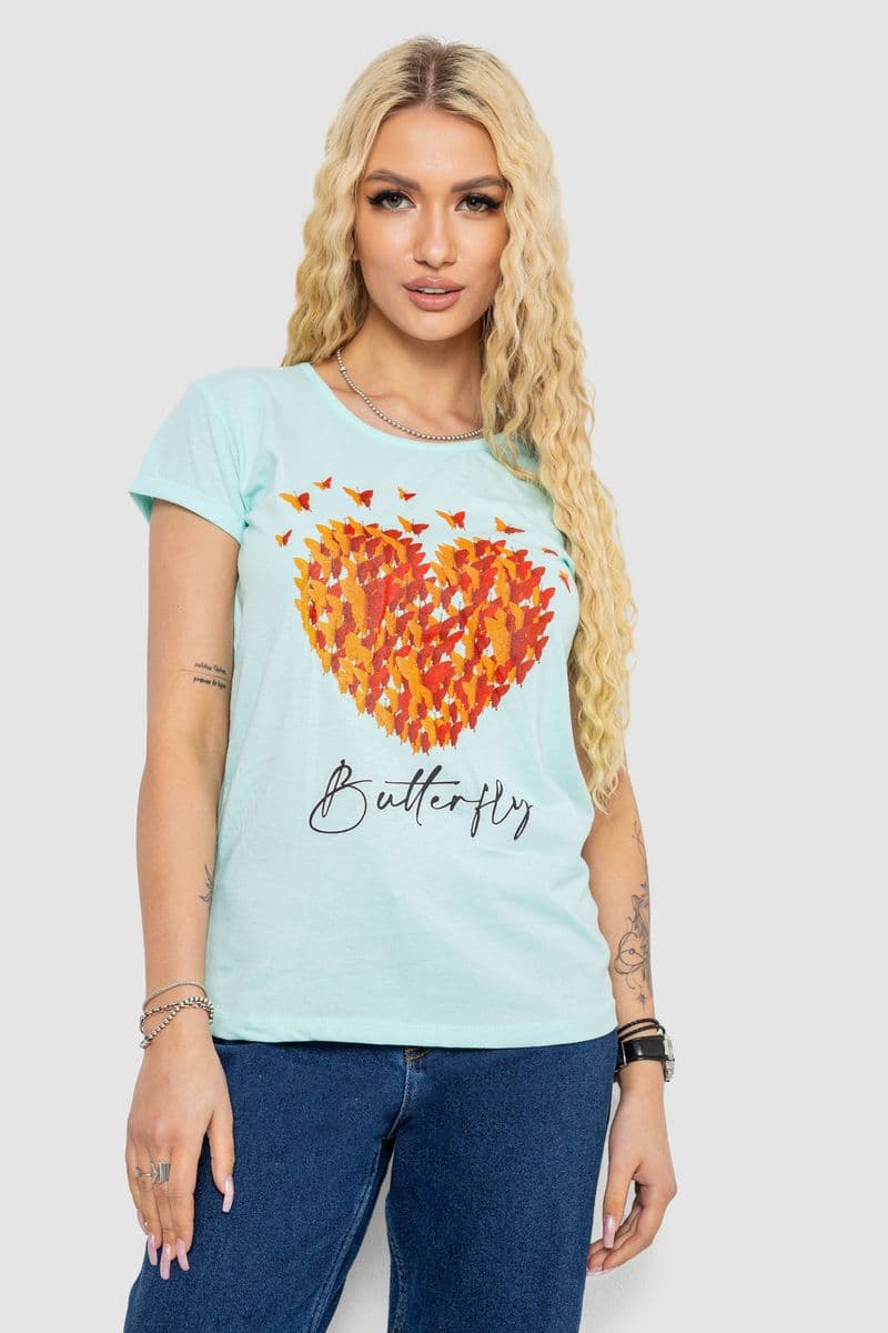 Футболка жіноча з принтом, колір м'ятний, 244R2204 - зображення 1