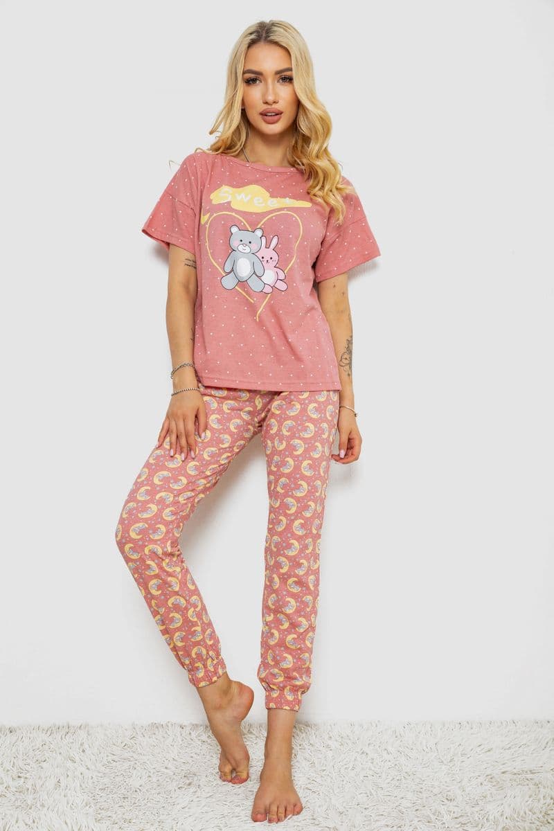 Піжама жіноча з принтом, колір пудровий, 243R15492 - зображення 1