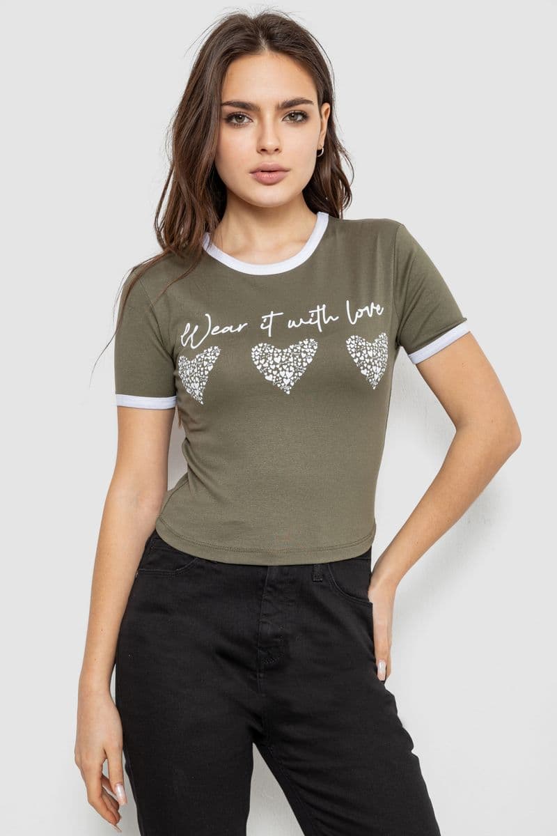 Футболка-топ жіноча з принтом, колір хакі, 244R504 - зображення 1