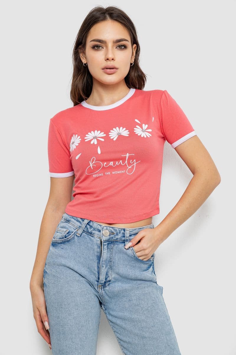 Футболка-топ жіноча з принтом, колір кораловий, 244R604 - зображення 1
