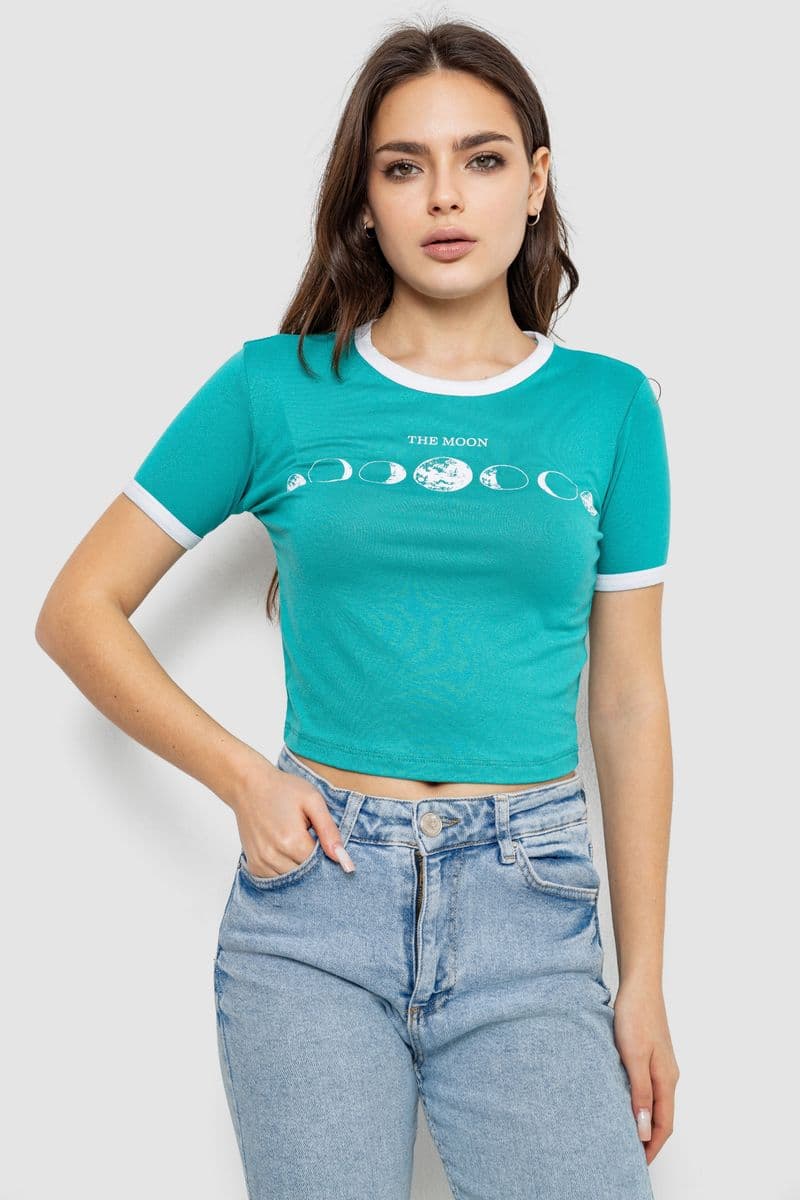 Футболка-топ жіноча з принтом, колір бірюзовий, 244R614 - зображення 1