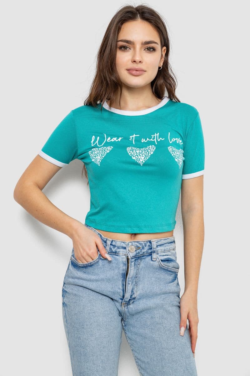 Футболка-топ жіноча з принтом, колір бірюзовий, 244R504 - зображення 1