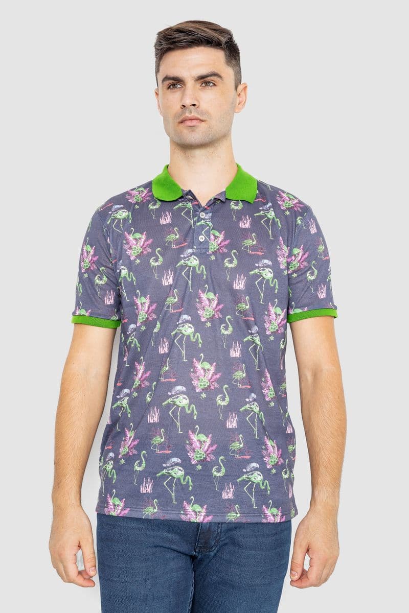 Поло чоловіче з принтом, колір сіро-зелений, 247R312 - зображення 1