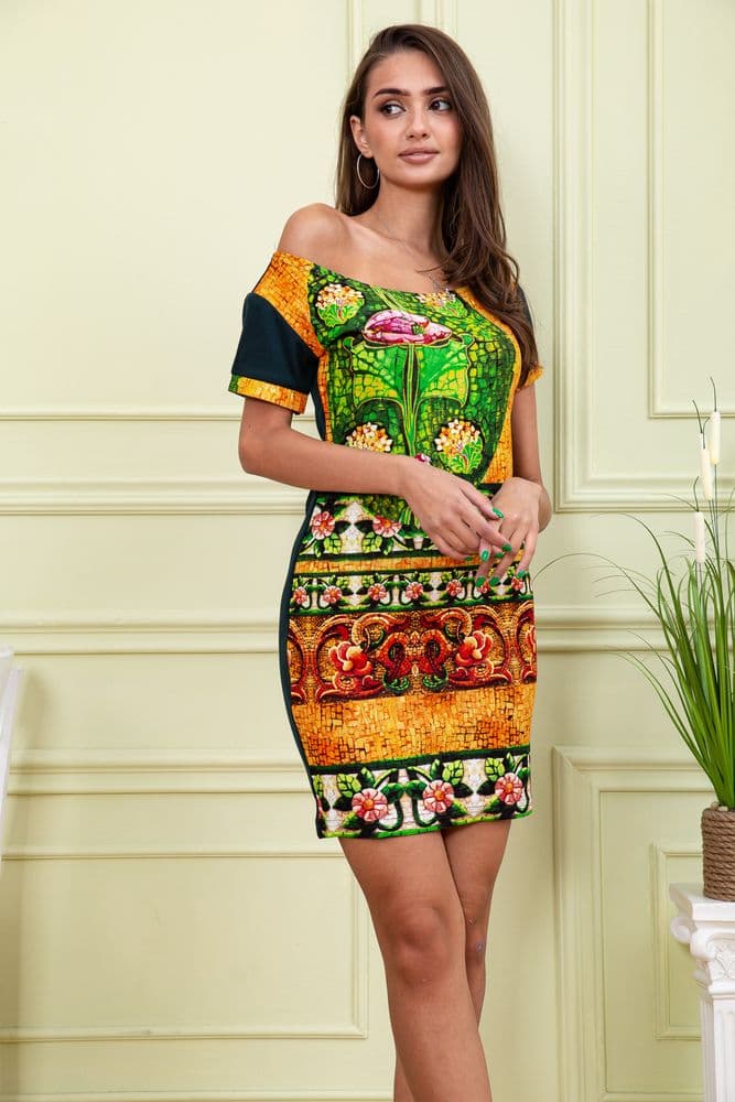 Літня сукня прямого крою, колір Зелений з принтом, 167R122-1 - зображення 1