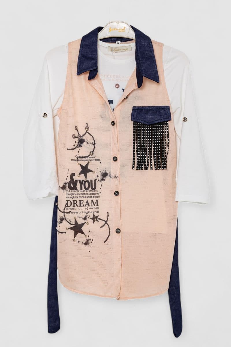 Кардиган в комплекті з лонгслів для дівчаток, колір персиковий, 247R0565 - зображення 1