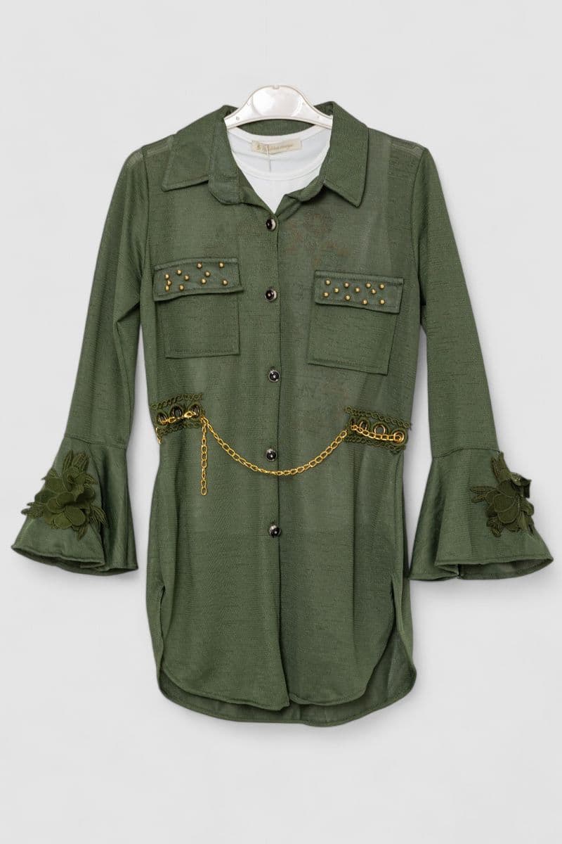 Сукня-сорочка в комплекті з майкою для дівчаток, колір хакі, 247R0495 - зображення 1