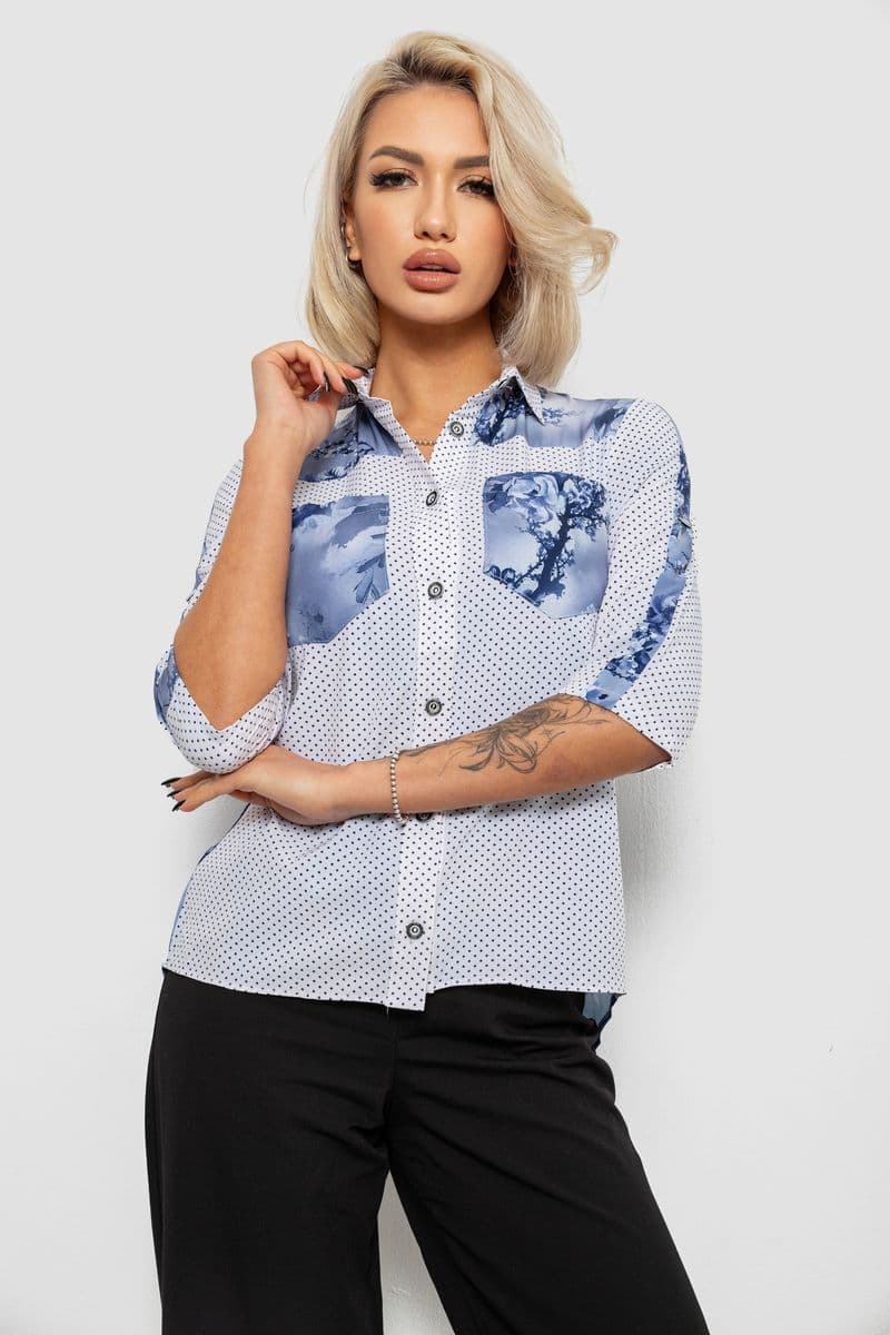 Блуза в горошок з принтом, колір біло-синій, 230R7215-1 - зображення 1