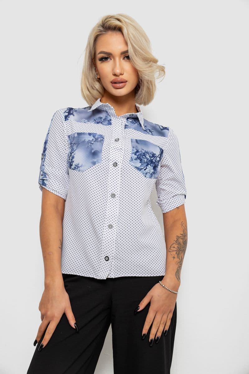 Блуза в горошок з принтом, колір білий, 230R7215-1 - зображення 1