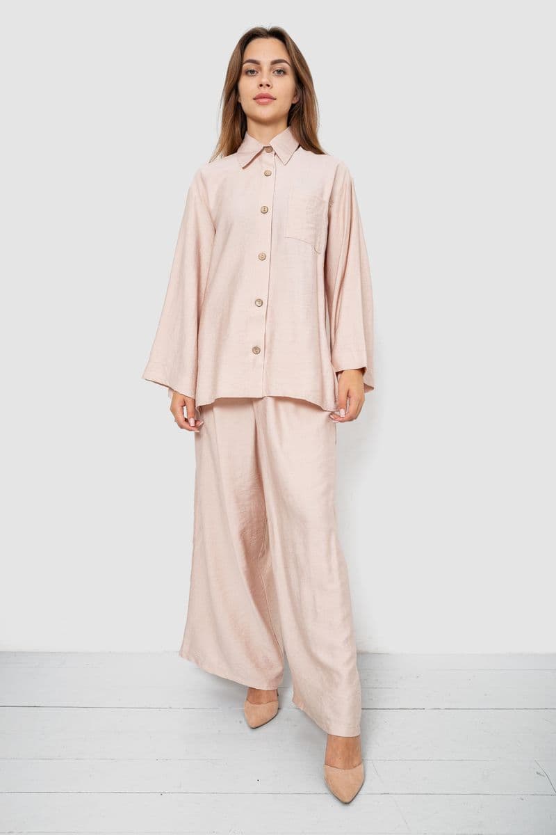 Костюм жіночий вільного крою жатка, колір бежевий, 102R5264 - зображення 1