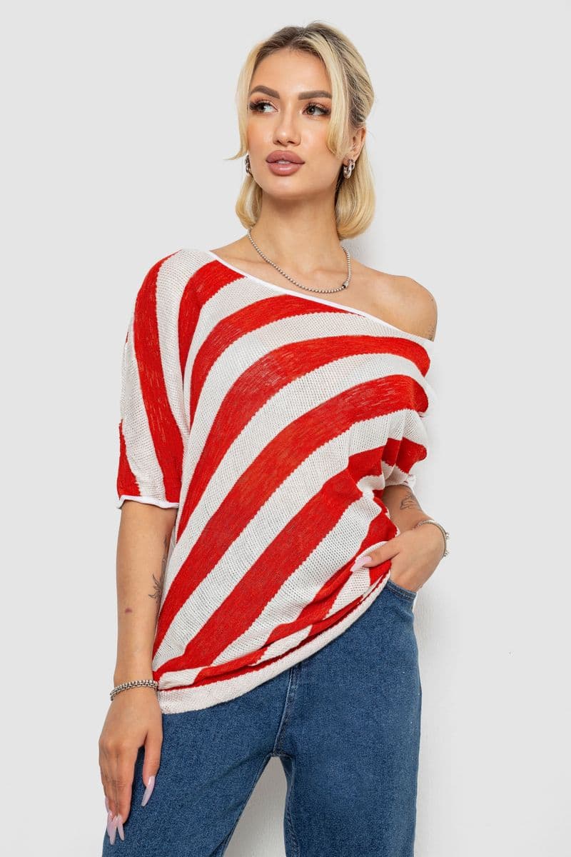 Жіноча кофта в смужку, колір біло-теракотовий, 244R0263 - зображення 1