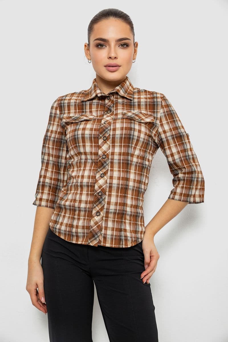 Сорочка жіноча в клітку, колір коричневий, 230R063 - зображення 1