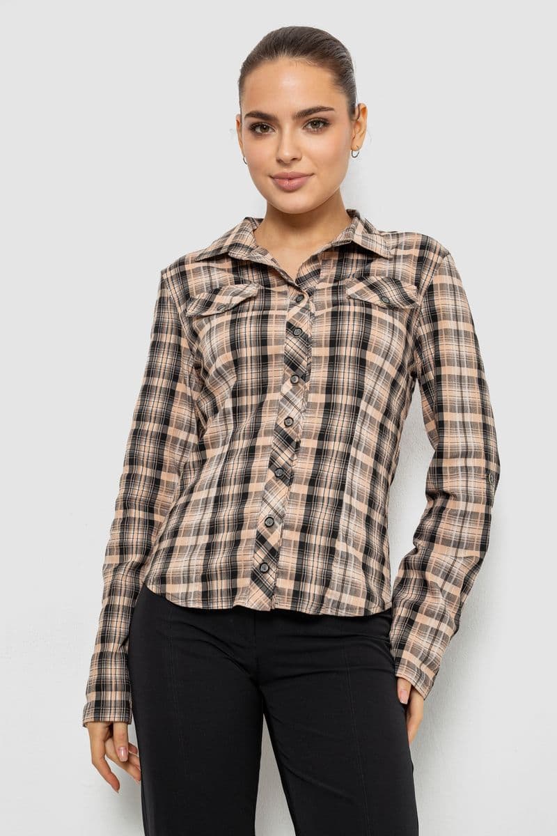 Сорочка жіноча в клітку, колір бежево-сірий, 230R064-1 - зображення 1