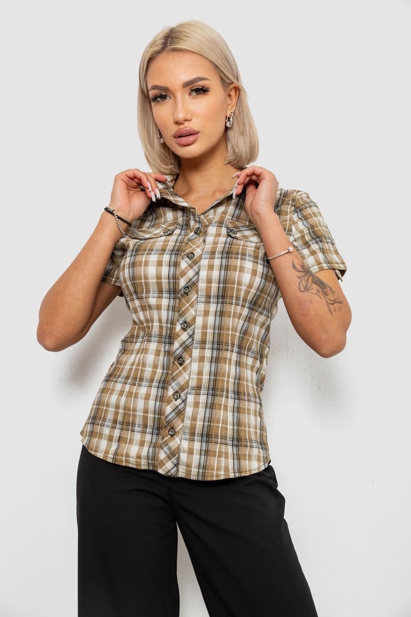 Сорочка жіноча в клітку, колір бежевий, 230R065-5 - зображення 1