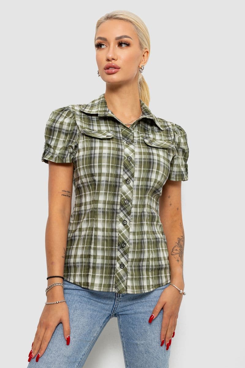 Сорочка жіноча в клітку, колір хакі, 230R065-5 - зображення 1