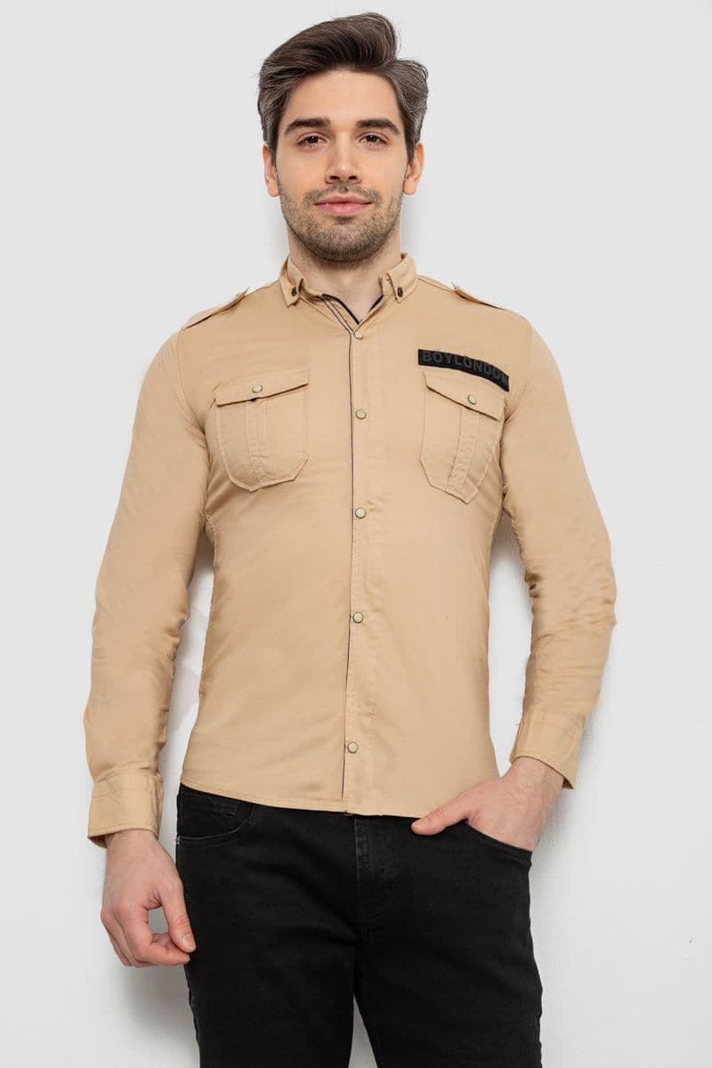 Сорочка чоловіча однотонна з принтом, колір бежевий, 186R02 - зображення 1
