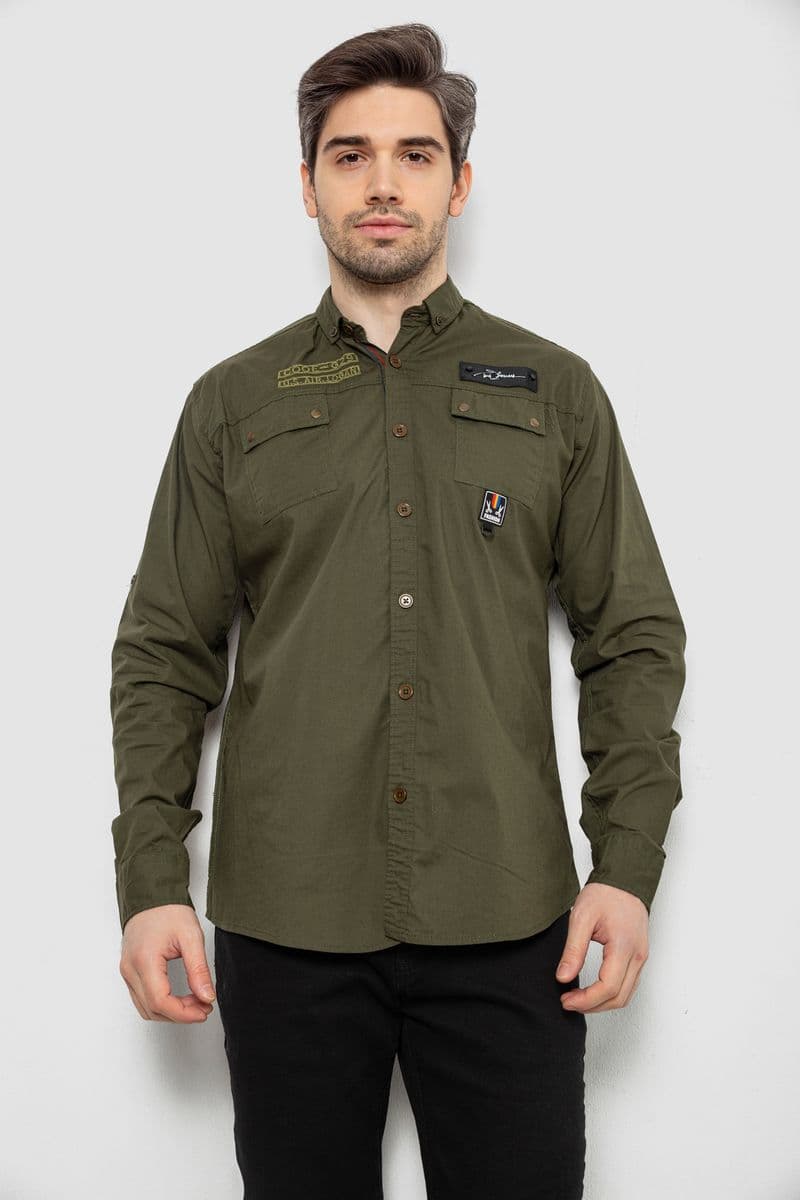 Сорочка чоловіча однотонна з принтом, колір хакі, 186R01 - зображення 1